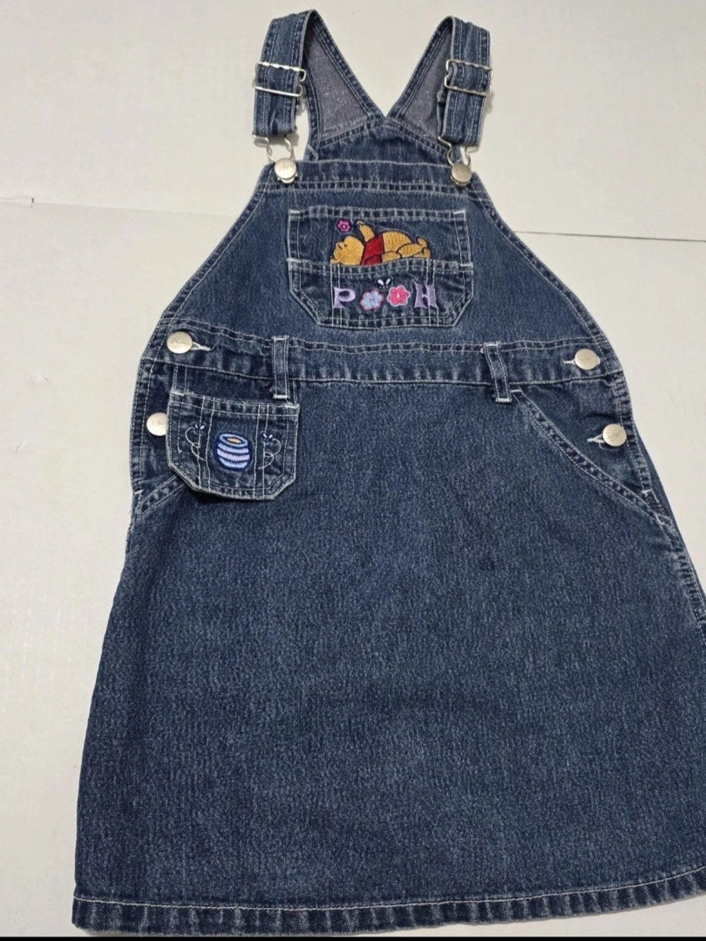 Vintage 90s Disney Pooh 100 Acre Shimmer Sparkle Denim Overall Skirt Dress Sz 6